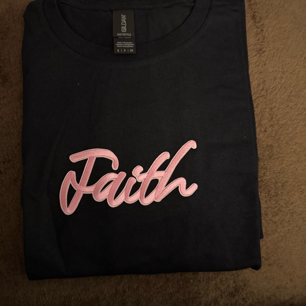 Black Tee with Pink Faith Script